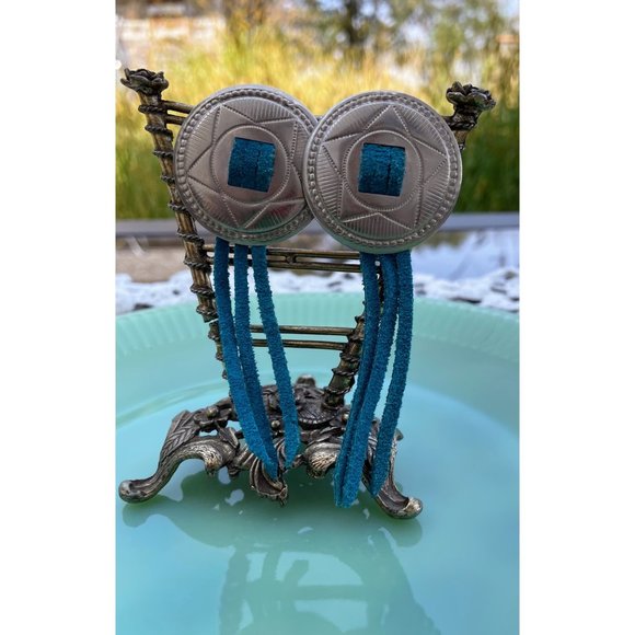 Vintage 1980s Concho Star Earrings With Blue Leather Tassels - Picture 2 of 10